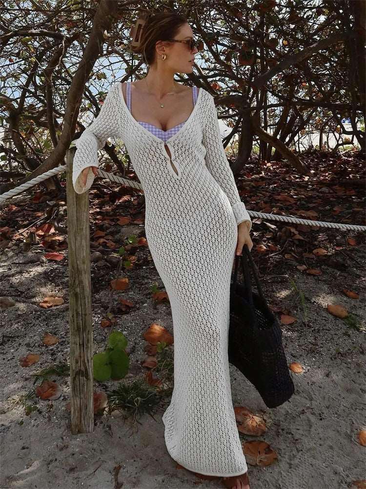 White Knit Fashion Cover up Maxi Dress Female See-Through V-Neck Hollow Out Beach Holiday