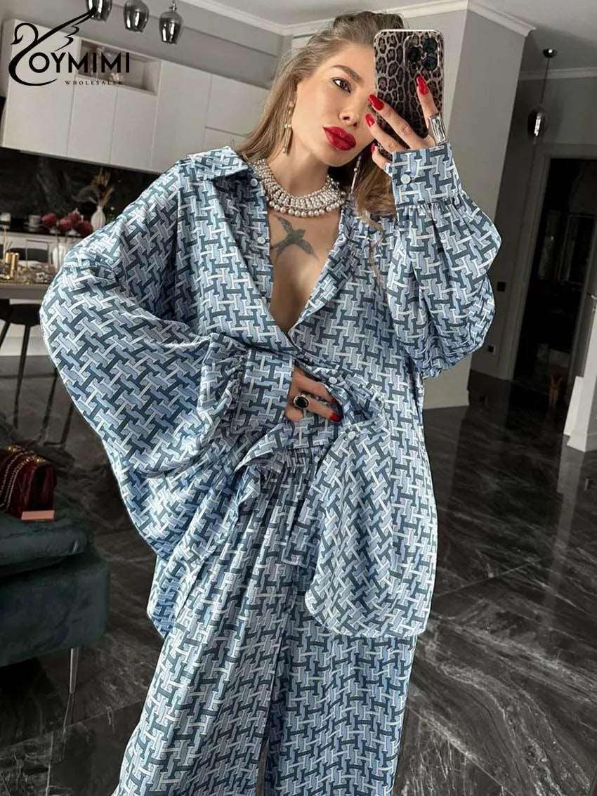 Oymimi Casual Blue Print 2 Piece Sets Women Outfit Elegant Long Sleeve Single Breasted Shirts And High Waist Trousers Female Set