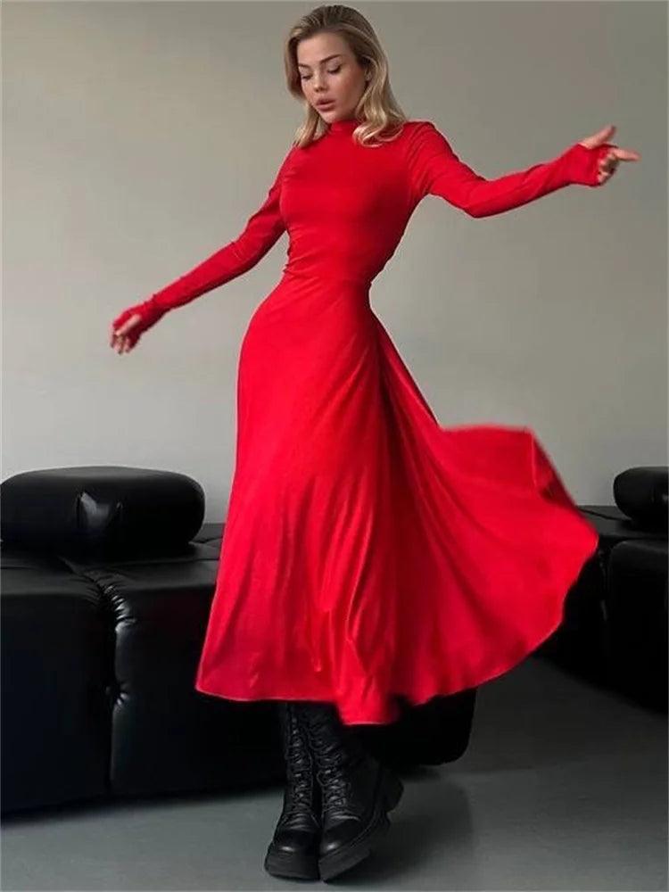 Solid Elegant Long Party Dress For Women, Long Sleeve - Orangutan Clothing Ltd