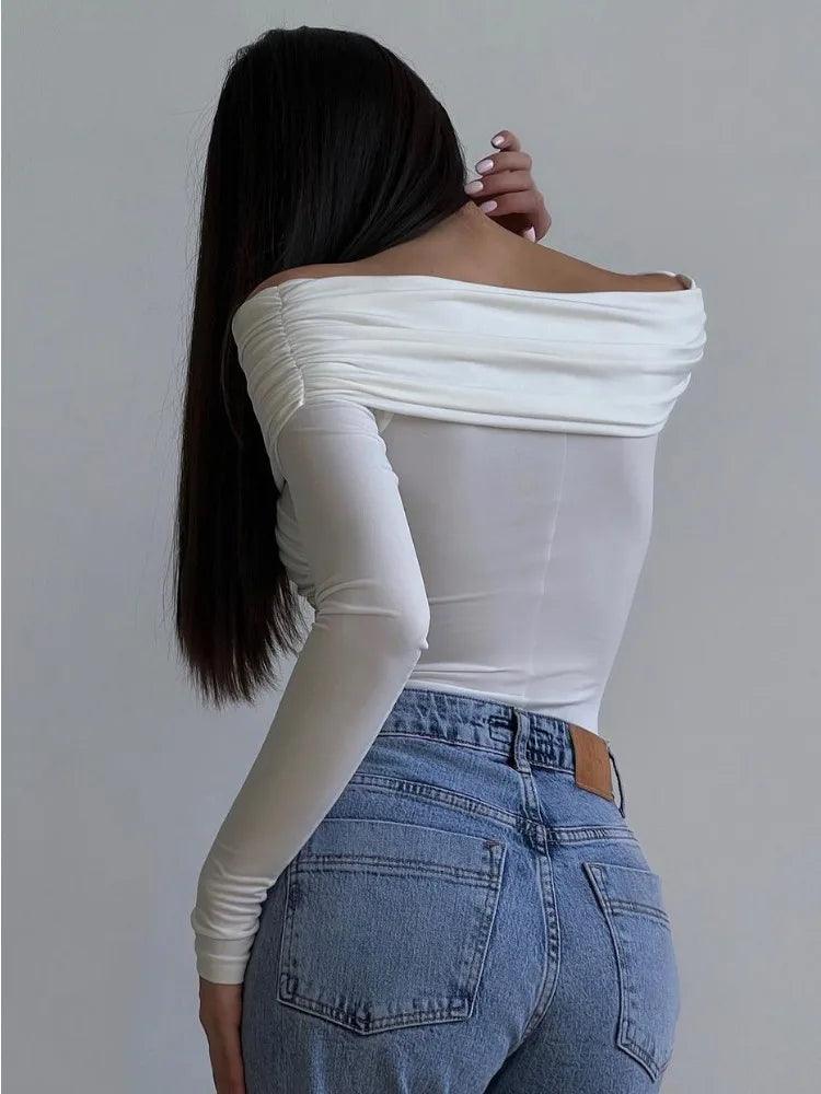 White See-Through Off-Shoulder Jumpsuit For Women. Pleated Long Sleeve Romper - Orangutan Clothing Ltd