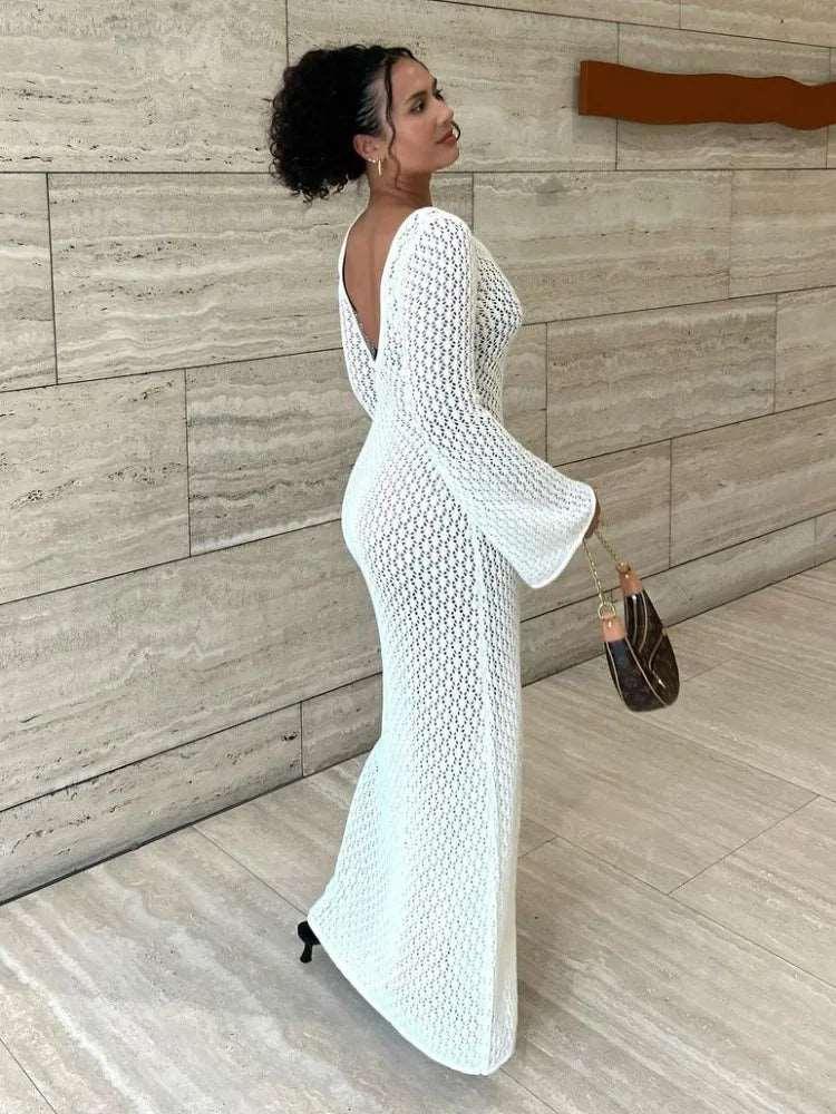 White Knit Fashion Cover up Maxi Dress Female See-Through V-Neck Hollow Out Beach Holiday