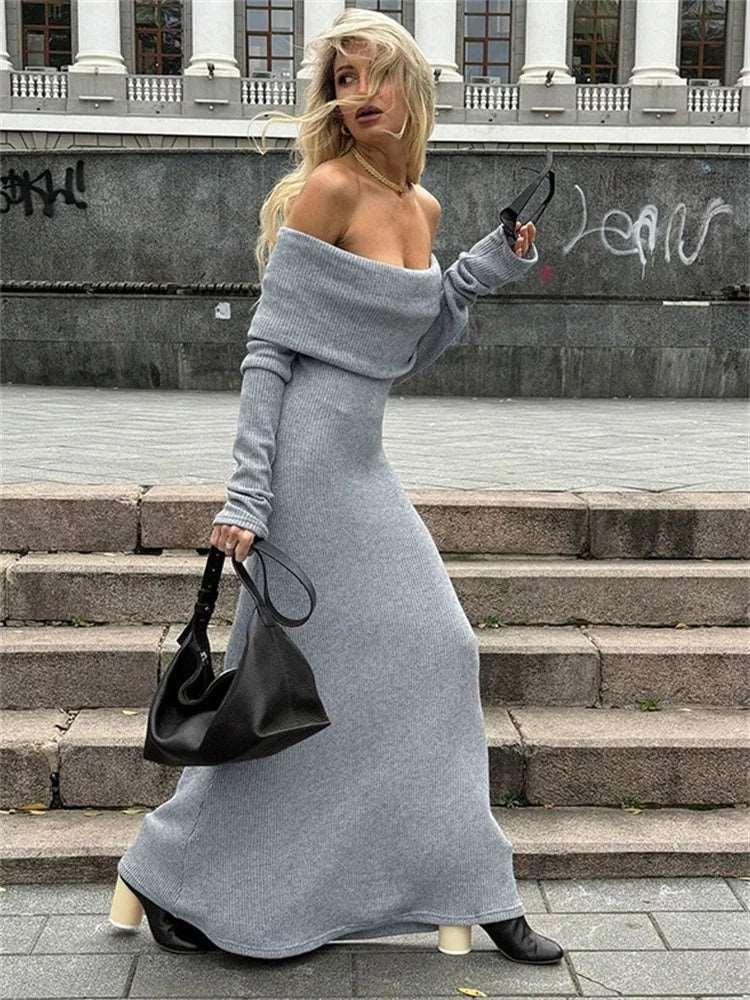 Off-Shoulder Pleated Maxi Dress Women High Waisted Long Sleeve