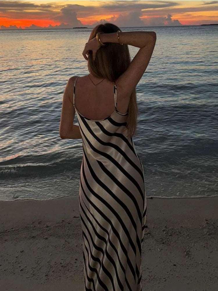 Zebra Printed Elegant Halter Dresses Female Sleeveless Slim Loose Printed Striped Long Dress Women's Backless Maxi Dress