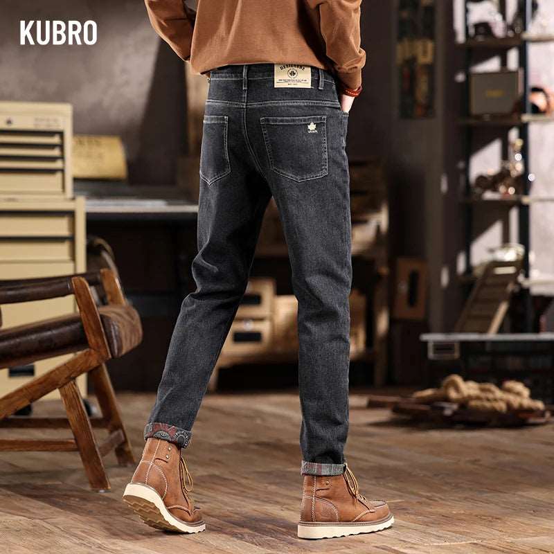 KUBRO 2024 Spring Chic New Men's Jeans Korean Style Slim Fit Stretch Straight Denim Trousers Casual High Quality Overalls Male