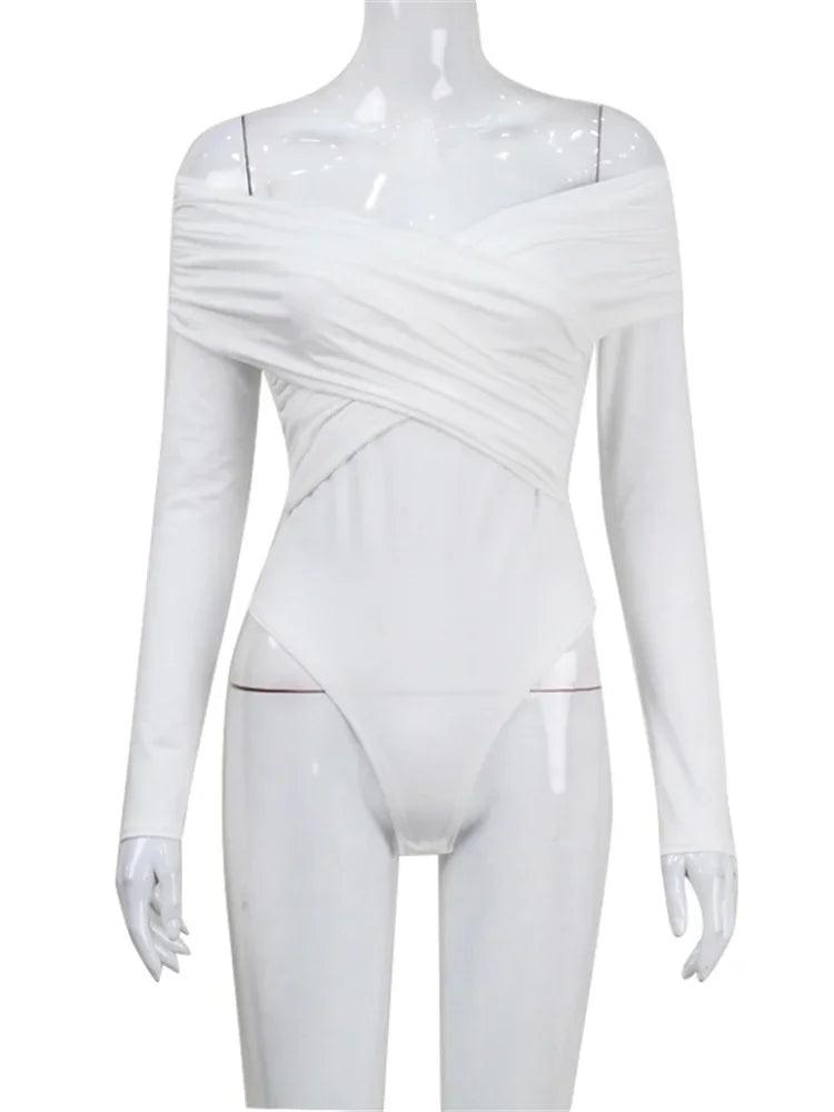 White See-Through Off-Shoulder Jumpsuit For Women. Pleated Long Sleeve Romper - Orangutan Clothing Ltd