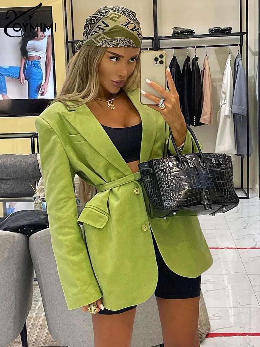 Oymimi Elegant Green Sets For Women 2 Pieces Fashion Long Sleeve Single Breasted Shirt And High Waist Simple Side Slit Pants Set