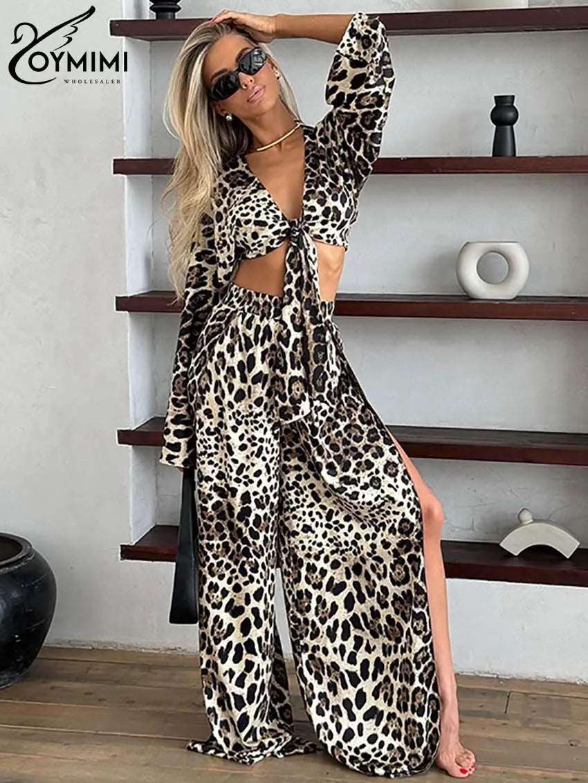 Oymimi Elegant Brown Print 2 Piece Sets Women Outfit Fashion Deep V-Neck Long Sleeve Crop Top And High Waist Side Slit Pants Set