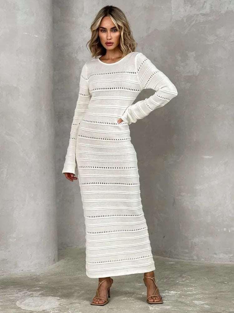 Hollow Out Knit Dress Female High Waist Long Sleeve Fashion Knitwear Party Dress Gown Streetwear