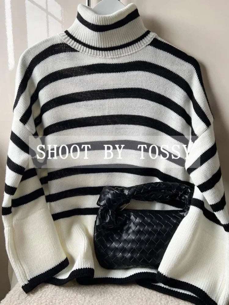 Winter Women’s Long Sleeves Knit Sweater Turtleneck Striped Print Loose Pullover Tops Oversized Sweater