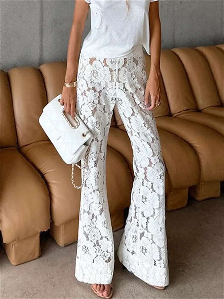 White Printed High Waist Straight Leg Women's See-Through Lace Women's Pants Summer Clothes