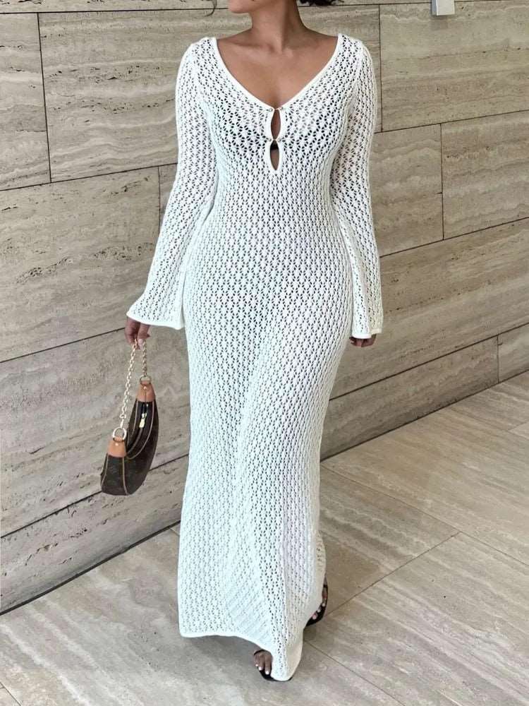 White Knit Fashion Cover up Maxi Dress Female See-Through V-Neck Hollow Out Beach Holiday