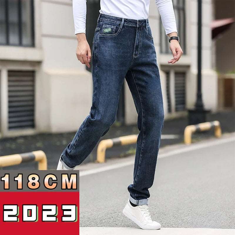 Alto Slim 200cm High Waist Jeans Mens Big Tall Clothing Store Stretch Extra Long Length 118 Cm  Fit Blue Denim Pants Male