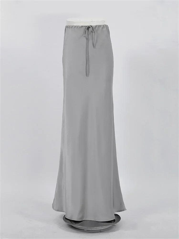 High Waist, Lace-Up Long Skirt. Women's Casual Satin Elegant Maxi Skirt - Orangutan Clothing Ltd