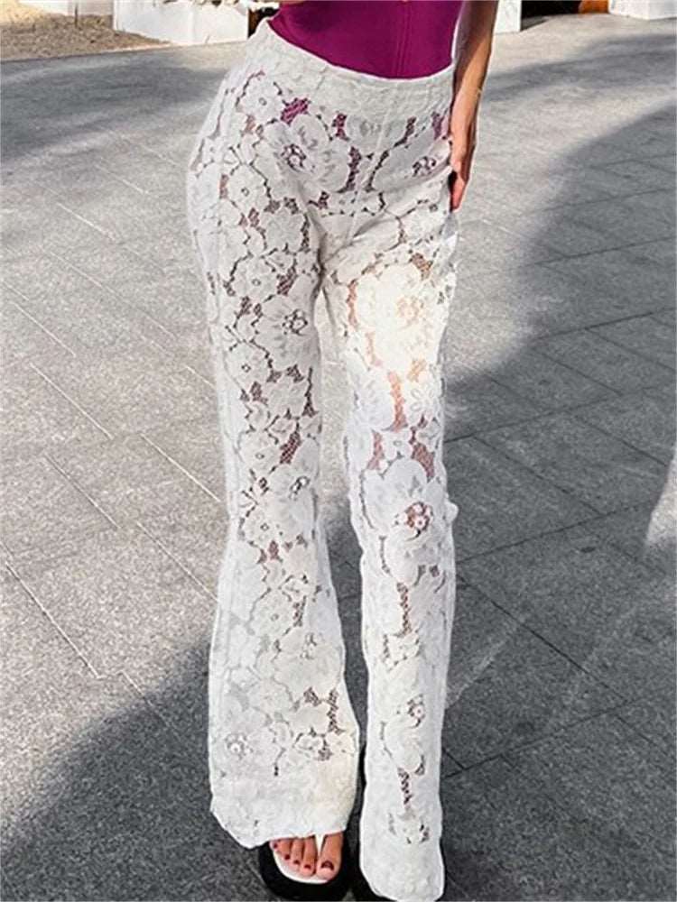 White Printed High Waist Straight Leg Women's See-Through Lace Women's Pants Summer Clothes