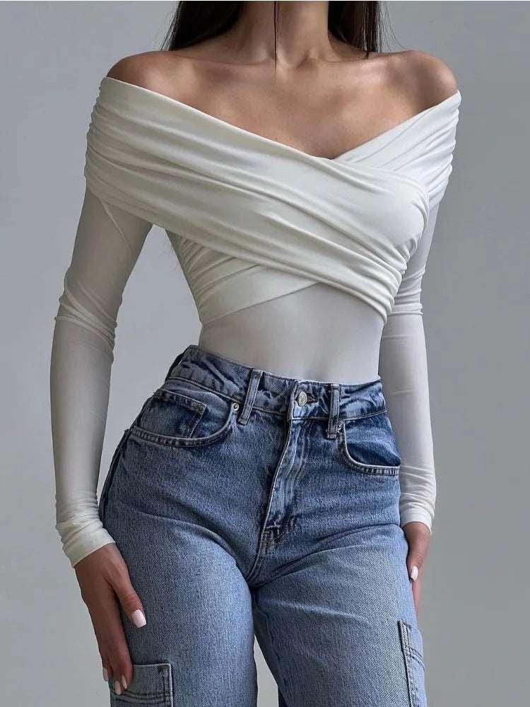 White See-Through  Off-Shoulder Jumpsuit For Women. Pleated Long Sleeve Romper