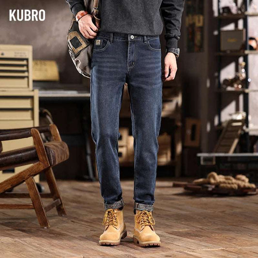 KUBRO 2024 Spring Chic New Men's Jeans Korean Style Slim Fit Stretch Straight Denim Trousers Casual High Quality Overalls Male