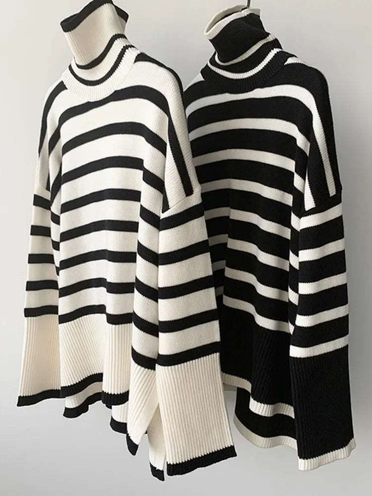 Winter Women’s Long Sleeves Knit Sweater Turtleneck Striped Print Loose Pullover Tops Oversized Sweater