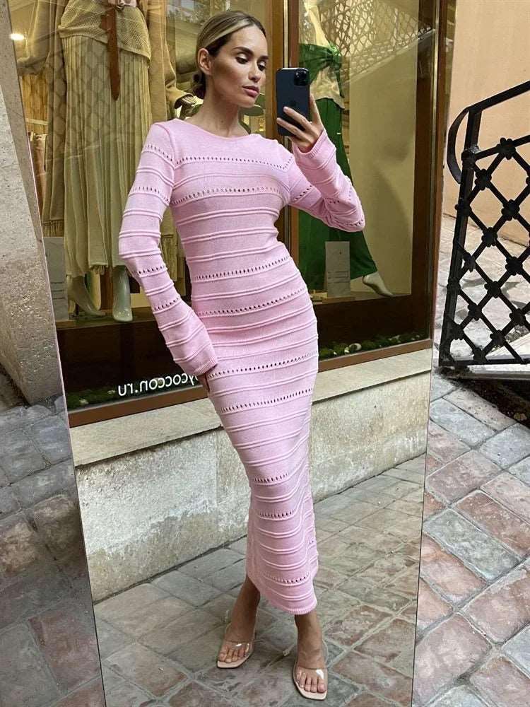 Hollow Out Knit Dress Female High Waist Long Sleeve Fashion Knitwear Party Dress Gown Streetwear