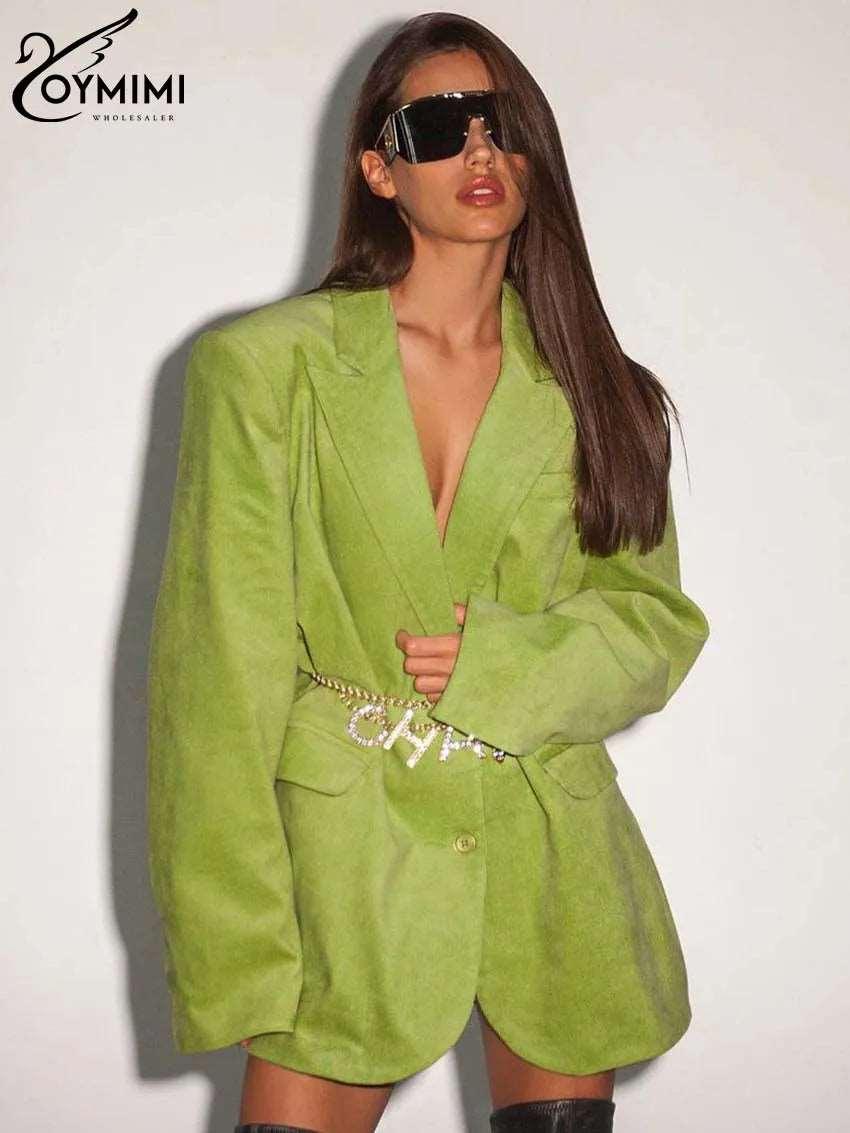 Oymimi Elegant Green Sets For Women 2 Pieces Fashion Long Sleeve Single Breasted Shirt And High Waist Simple Side Slit Pants Set