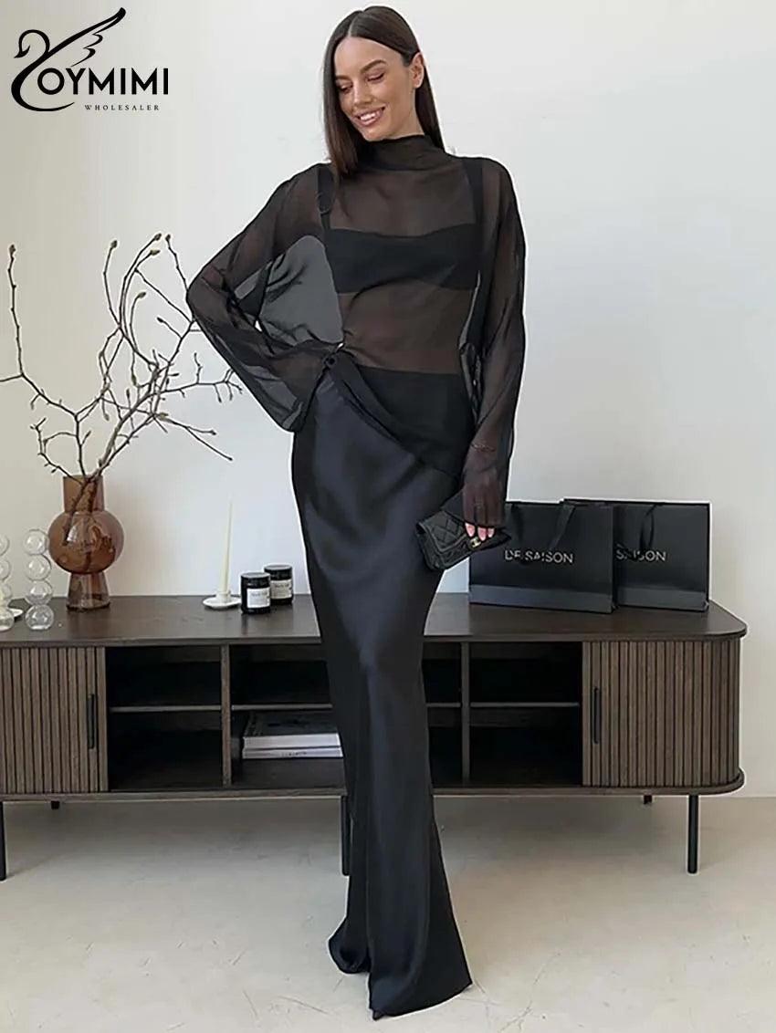 Black 2 Piece Set Summer O-Neck Long Sleeve Sheer Perspective Tops And Floor-Length Skirt - Orangutan Clothing Ltd