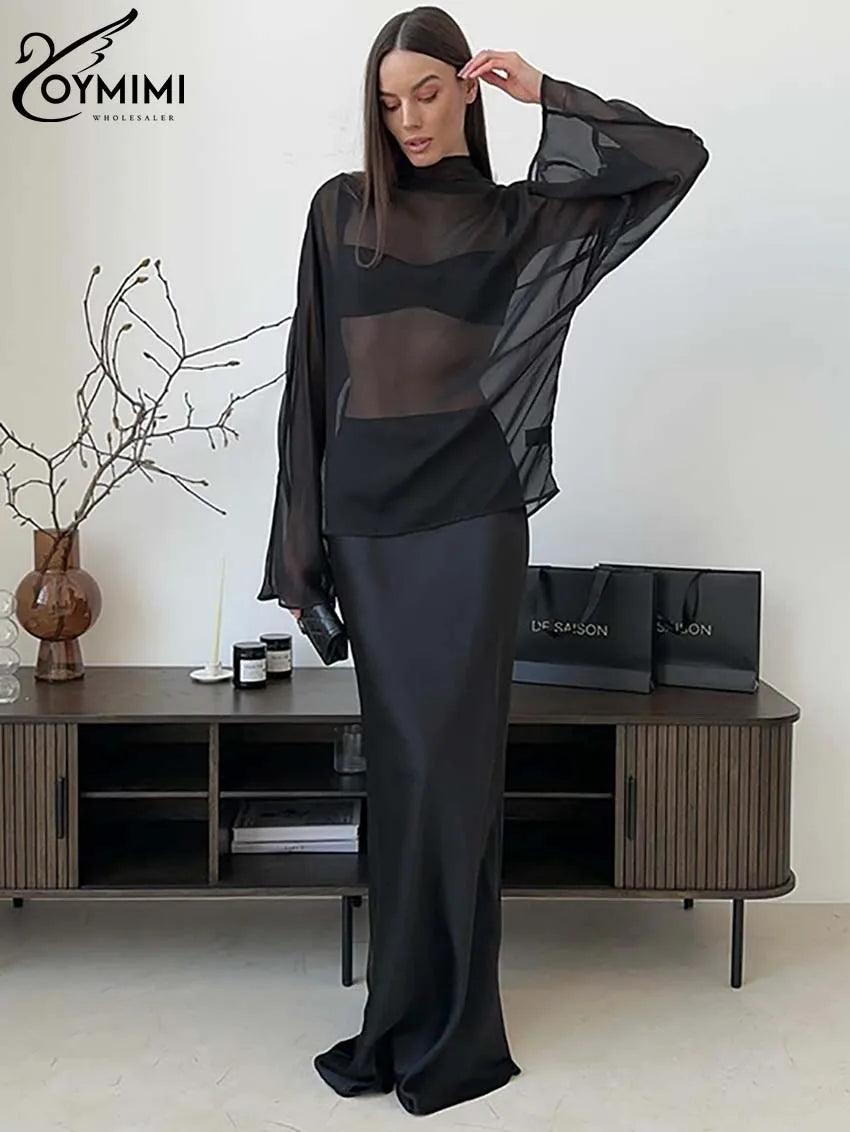 Black 2 Piece Set Summer O-Neck Long Sleeve Sheer Perspective Tops And Floor-Length Skirt - Orangutan Clothing Ltd