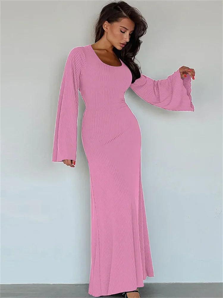 Scoop Neck Lace-Up Bandage Solid Maxi Dress Female Long Sleeve - Orangutan Clothing Ltd