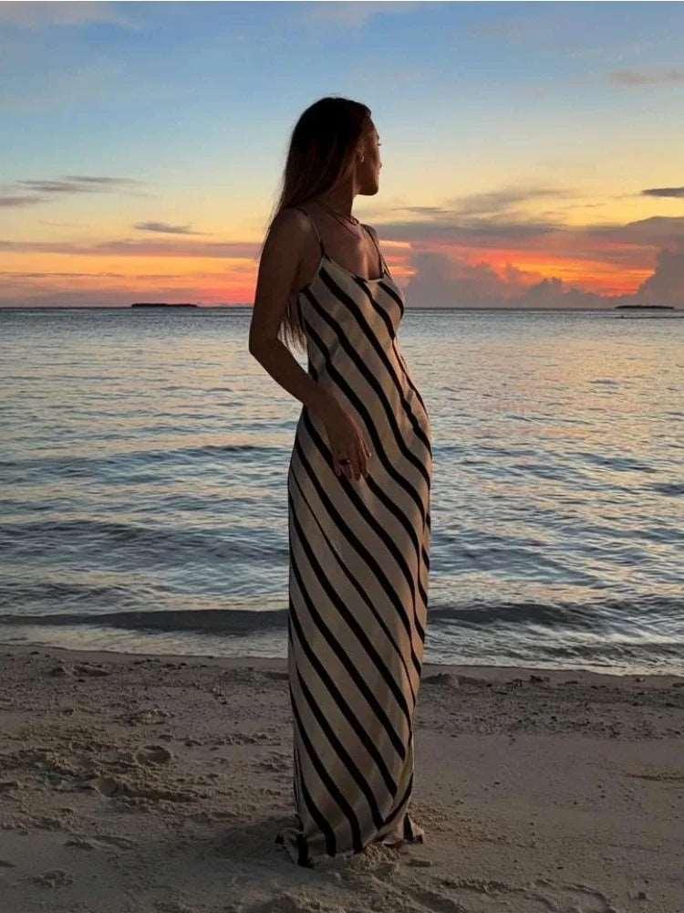 Zebra Printed Elegant Halter Dresses Female Sleeveless Slim Loose Printed Striped Long Dress Women's Backless Maxi Dress