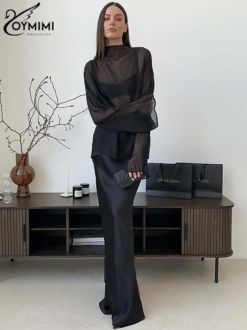 Black 2 Piece Set Summer O-Neck Long Sleeve Sheer Perspective Tops And Floor-Length Skirt - Orangutan Clothing Ltd