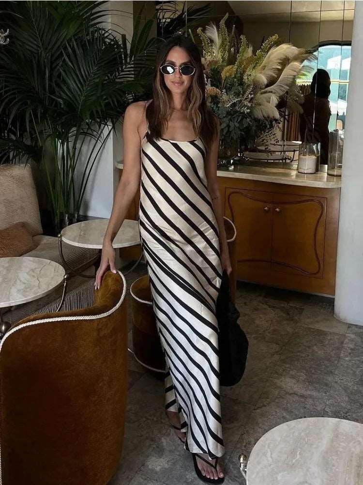 Zebra Printed Elegant Halter Dresses Female Sleeveless Slim Loose Printed Striped Long Dress Women's Backless Maxi Dress