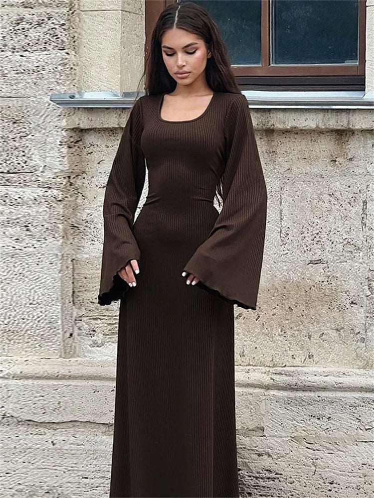 Scoop Neck Lace-Up Bandage Solid Maxi Dress Female Long Sleeve