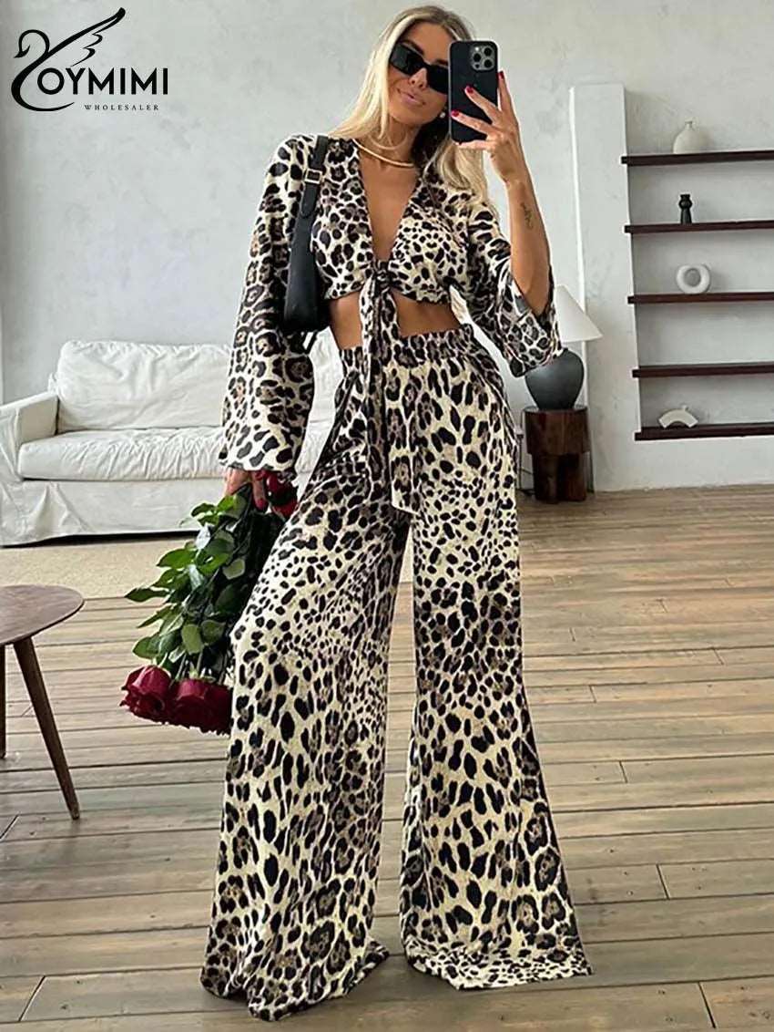 Oymimi Elegant Brown Print 2 Piece Sets Women Outfit Fashion Deep V-Neck Long Sleeve Crop Top And High Waist Side Slit Pants Set