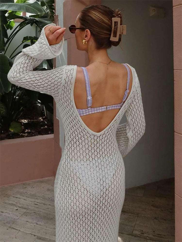 White Knit Fashion Cover up Maxi Dress Female See-Through V-Neck Hollow Out Beach Holiday