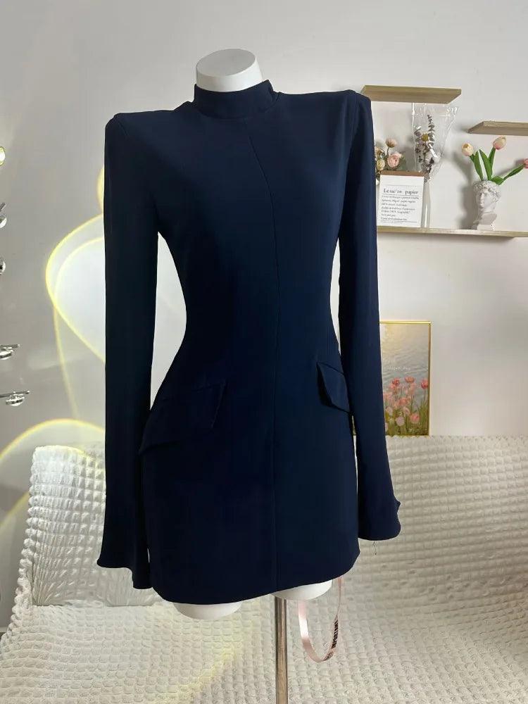 Solid High Waist Mini Dress Female Fashion Long Sleeve Autumn Pocket Slim Dress Casual Women's Dress - Orangutan Clothing Ltd