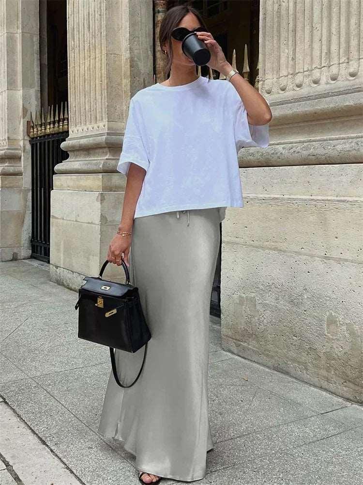 High Waist, Lace-Up Long Skirt. Women's Casual Satin Elegant Maxi Skirt