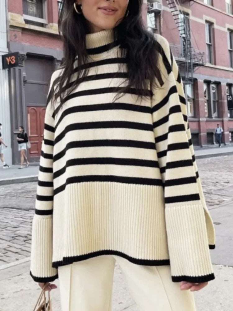 Winter Women’s Long Sleeves Knit Sweater Turtleneck Striped Print Loose Pullover Tops Oversized Sweater