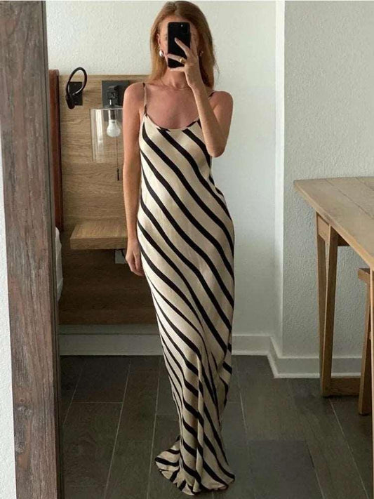 Zebra Printed Elegant Halter Dresses Female Sleeveless Slim Loose Printed Striped Long Dress Women's Backless Maxi Dress