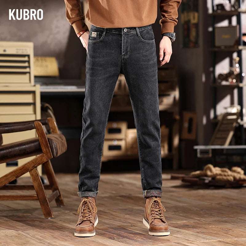 KUBRO 2024 Spring Chic New Men's Jeans Korean Style Slim Fit Stretch Straight Denim Trousers Casual High Quality Overalls Male