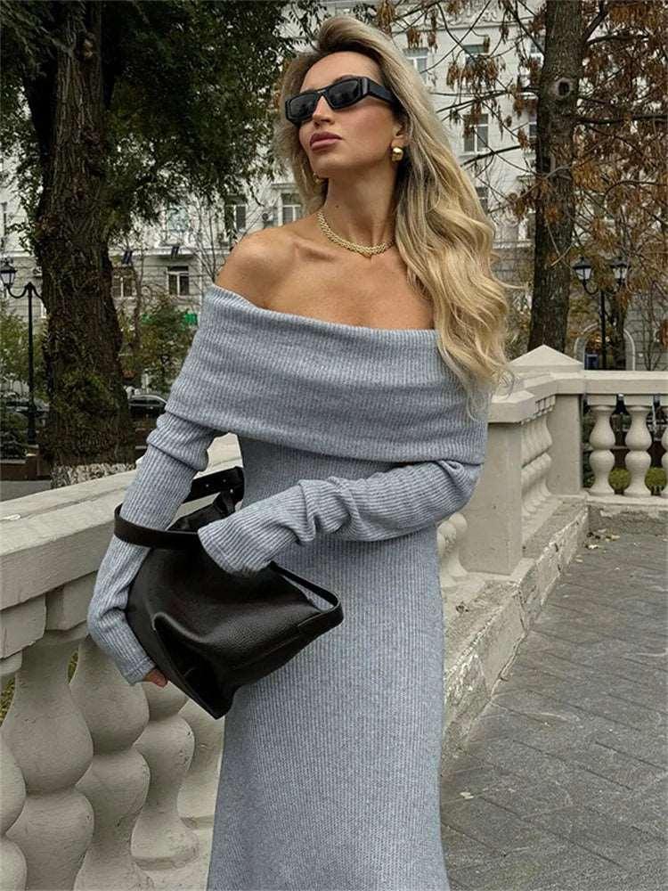 Off-Shoulder Pleated Maxi Dress Women High Waisted Long Sleeve