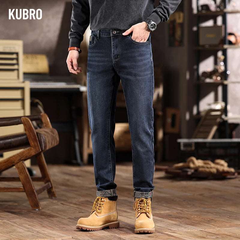 KUBRO 2024 Spring Chic New Men's Jeans Korean Style Slim Fit Stretch Straight Denim Trousers Casual High Quality Overalls Male