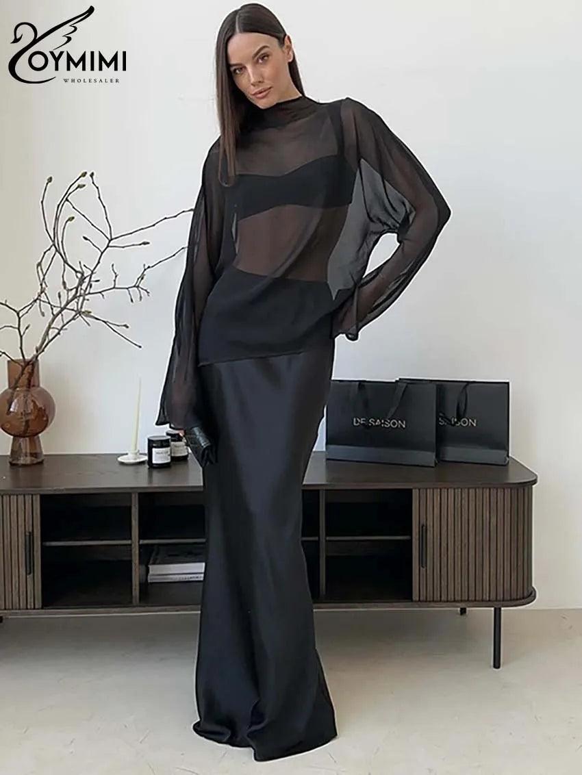 Black 2 Piece Set Summer O-Neck Long Sleeve Sheer Perspective Tops And Floor-Length Skirt - Orangutan Clothing Ltd